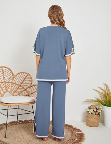 Image of Tanming Sweater Sets Women 2 Piece Lounge Sets Short Sleeve Knit Pullover Tops Wide Leg Pants