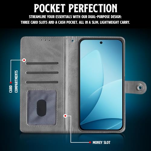 Image of WOW IMAGINE Shock Proof Flip Cover Back Case for Oppo F33 Pro 5G (Magnetic Button Flip Case | Wallet Pockets & Stand | Leather Finish | Stone Grey)