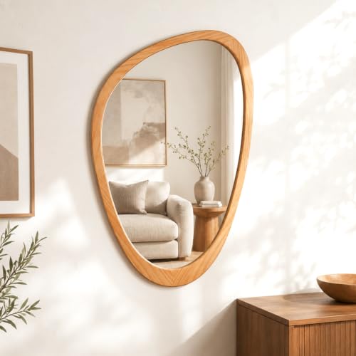 PERFNIQUE Irregular Wall Mirror, 30"x19" Solid Wood Frame Asymmetrical Mirrors for Mid Century Modern Decor, Tempered Glass Decorative Mirrors for Entryway, Bathroom, Bedroom, Living Room