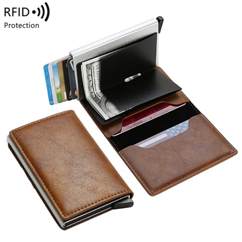 Skylinewears Men’s Ultra Metal RFID Blocking Real Carbon Fiber Pop up Card Wallet Minimalist Aluminium Credit Debit Card Money Holder Brown4