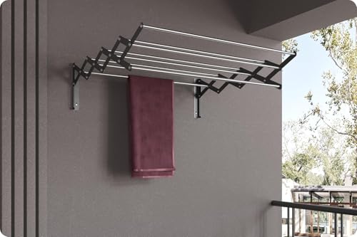 Image of RIOMAX Heavy Duty Rust-Free Stainless Steel Foldable Wall Mounted /Mounting Clothes Drying Stand /Cloth Dryer Racks for Bathroom /Balcony /Indoor /Outdoor (4 Ft - 9 Rod - Black & Silver)