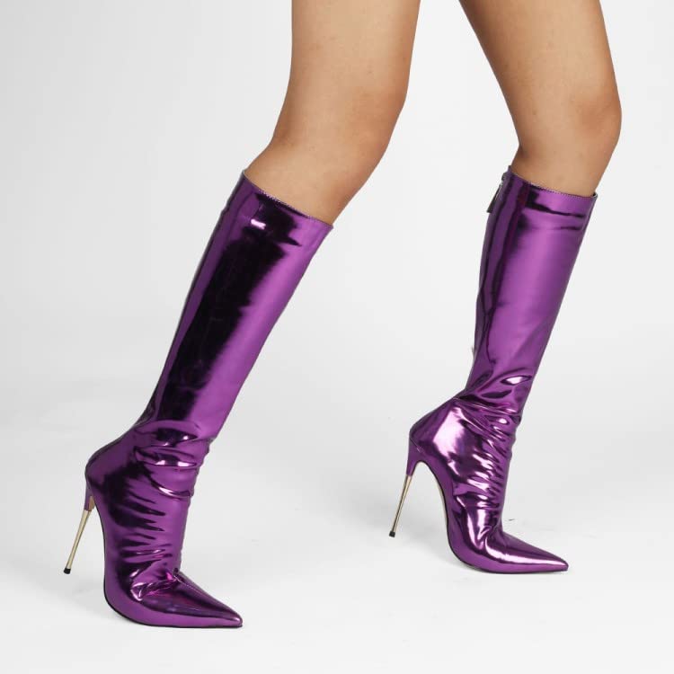 sexytag Women's Metallic Knee High Boots Stiletto Heel Pointed Toe Fashion Pull-on Back Zipper Ankle Boots2
