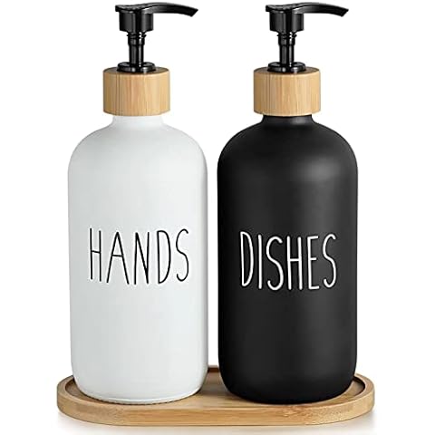 GAOHANG Glass Soap Dispenser Set, Contains Glass Hand Soap Dispenser and Glass Dish Soap Dispenser. Kitchen Soap Dispenser Set Suitable for Black and White Kitchen Decor. (Black & White) Cover