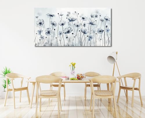 Image of VEAEE Framed Flowers Canvas Wall Art - Indigo Floral Canvas Pictures, Living Room Wall Decor, Botanical Canvas Prints Painting Abstract Artwork Bedroom Office Home Decor 24 inchx 48 inch