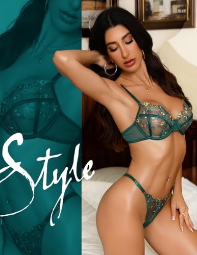 Image of Lingerie Sexy Bra and Panty Set for Women See Through Sheer Underwear Cute Exotic Floral Embroidery Babydoll Set