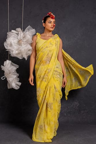 Image of MIRCHI FASHION Saree for Woman Georgette Floral and Leaf Printed | Elegant Farewell and Ceremonial Women's Sari with Blouse Piece