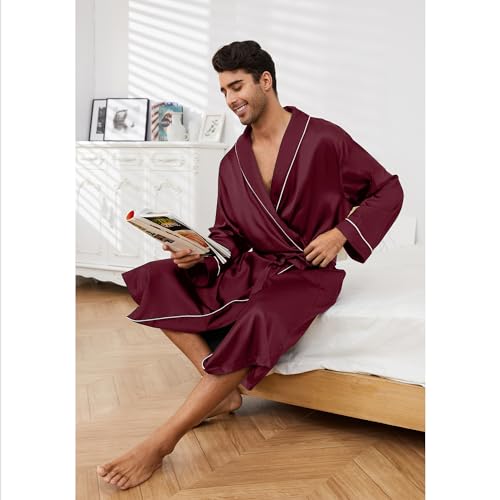 Image of Vulcanodon Men's Satin Robe Lightweight,Men's Luxurious Silk Kimono Bathrobe