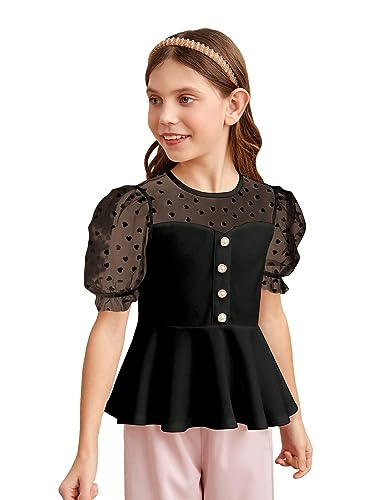 WDIRARA Girl's Sheer Mesh Short Puff Sleeve Blouse Heart Print Cute Ruffle Peplum Top3