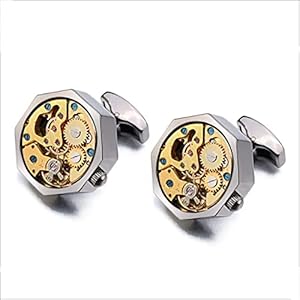 Manchetknopen, uurwerk voor onroerend roestvrij staal Steampunk Gear Watch-mechanisme Manchetknopen voor heren, klassieke smoking-shirtknoppen (blauw wit zink)