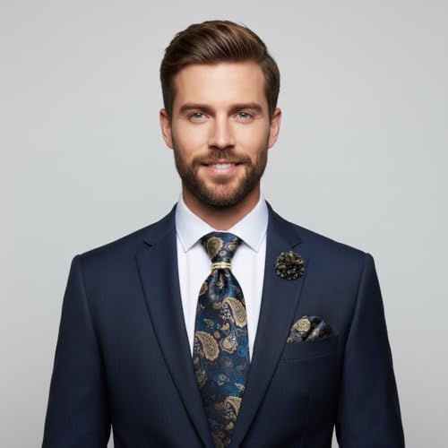 Image of 5PCS Mens Silk Tie, Pocket Square, Cufflinks, Drilled Tie Ring and Lapel Pin Set for Wedding Groom Party