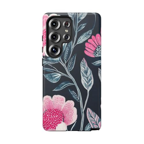 Coque Samsung S25 Ultra motif floral rose vif et bleu foncé rigide mate