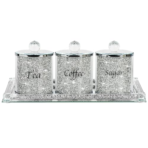 Topsky Coffee Sugar Tea Crystal Canister Set of 4,Sparkly Crystal Crushed Diamonds Home Decor,Silver Kitchen Coffee Jar Storage Set with Label & Lid,Storage Container Set for Countertop,Dining Room