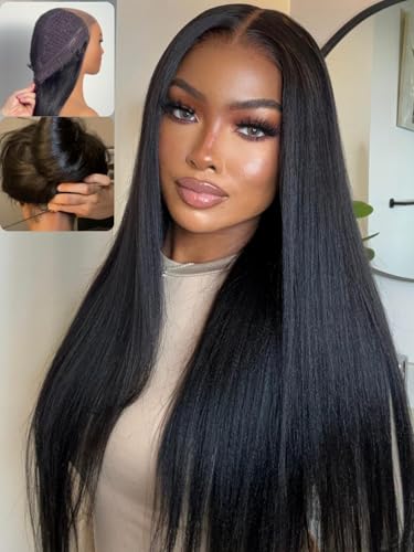 Nadula Bye Bye Knots No Slip Yaki Straight Glueless Drawstring Wig Human Hair with Flexible Mesh Cap Fits All Head, Pre Cut 7x5 Bye-Bye Slip HD Lace Front Pre Everything Light Yaki Straight Wig 20inch