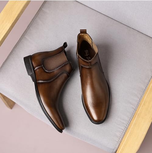 Image of Holy dove Mens Brown Chelsea Dress Boots, Slip-On Ankle Boots, Genuine Leather Casual Boots for Men, Size 8