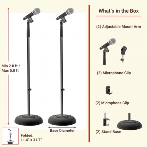 Image of Pyle Universal Microphone Stand - Handheld Mic Compatible, Heavy Compact Base, Lightweight & Compact Design, 2.8 to 5 Ft Height Adjustable Clamp, Pivot Angle Clip, Home /Studio Use (Pair)