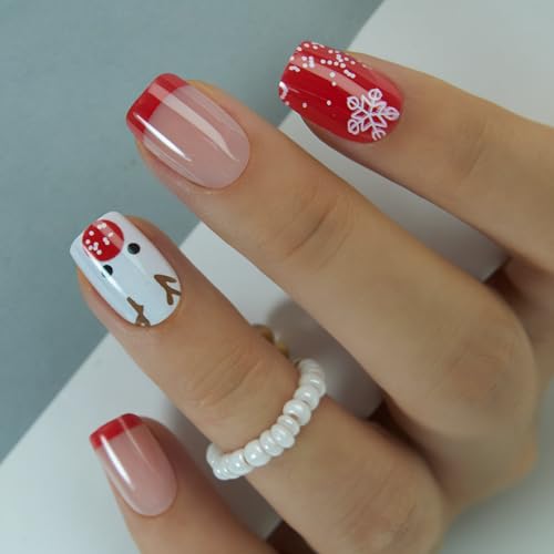 Image of Curvlife Press on Nails Acrylic Short Square Fake Nails with Christmas Deer Design Full Cover False Nails for Women Reusable Nail Kit
