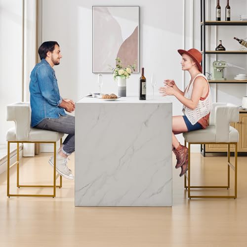 Image of Counter Height Bar Stools Set of 4, White Velvet Bar Chair Gold Leg | 26 inch Seat Height Fits Standard Kitchen Islands, Upholstered Barstools, Back Support, Square Metal Legs, Footrest