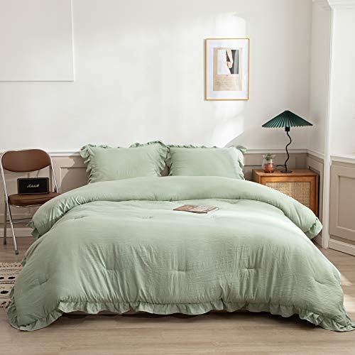 Merryword Sage Green Comforter Set Green Ruffle Comforter Ruffle Fringe Design Sea Green Ruffled Down Alternative Comforter Boys Girls Bedding Twin 1 Duvet 1 Pillow Sham (Twin, Sea Green)