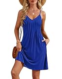 Zattcas Spaghetti Strap Casual Summer Dresses for Women 2026 Petite V Neck Sleeveless Strappy Sundresses with Pockets Beach Vacation Mini Sun Dress Bathing Suit Cover Up Blue M