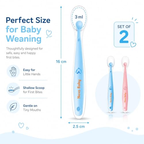 Image of Novo Baby Silicone Spoon for Baby | Set of 2 Feeding Spoons with Ultra-Soft 100% Food-Grade Silicone Tips, BPA-Free Utensils for Baby Weaning, Ideal for Infants 4M+ (Pink & Blue)