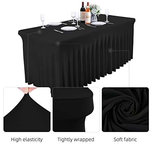Image of Besutolife Black Tablecloth for Rectangle Table 6ft Spandex Table Skirt One-Piece Design for Birthday Parties Wedding