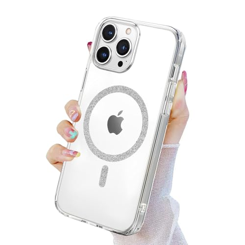 Image of AIBEX Back Cover Case Compatible with iPhone 16 Pro Max | Glitter Ring Cute Shiny Colorful Bling Case (Compatible with Magsafe) | Transparent PC+TPU Glossy Shiny Cover for Girls & Women - Silver
