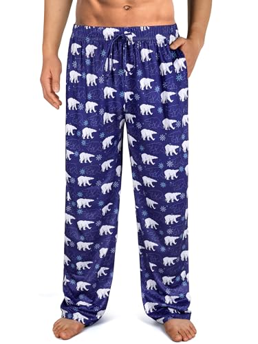 Wenouy Mens Novelty Pajama Pants,Funny Soft Pj Sleep Lounge Bottoms with Pockets & Drawstring (Navy Bear,X-Large)