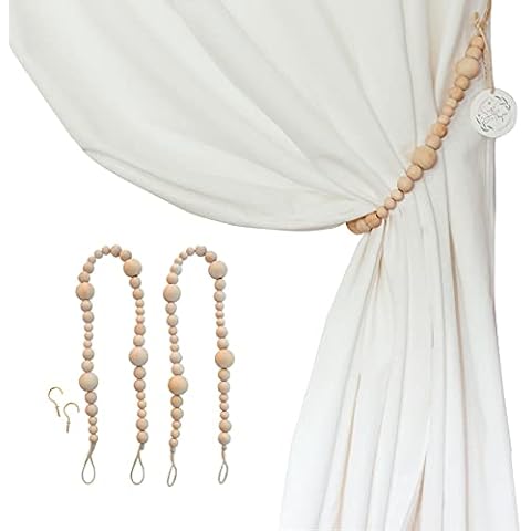 Sage in Thyme Boho Curtain Tiebacks Holder Wood Beaded Window Treatment Curtain Holders with Tassels & Meter Hooks for Decorative Bedroom Living Room Set of 2 Tieback (24 inches) Cover