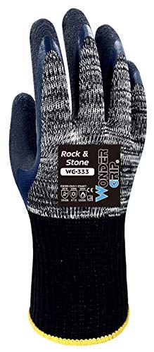 Wonder Grip WG-333 Rock & Stone Luva de trabalho com revestimento duplo de látex; luvas anti-cortes, resistentes ao frio e ao calor para uma aderência segura; S/07, cinzento e preto