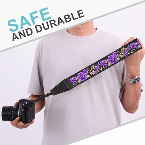 Image of Padwa Lifestyle Purple Rose Camera Strap - 2 inch Full Grain Leather Ends Camera Straps for Photographers, Vintage Embroidered Cotton Soft Suede Fabric Padded Strap Quick Release fits All Cameras