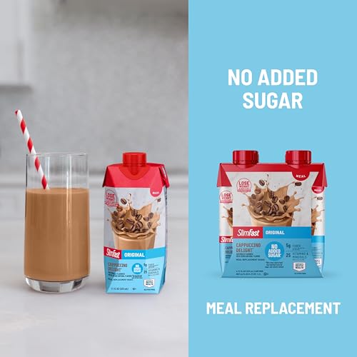 slimfast meal replacement shake original cappuccino delight no added sugar meal replacement shakes 10g ready to drink protein 5g fiber 25 vitamins and minerals 11 fl oz 12 count