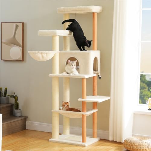 Image of 73 inch Tall Cat Tree for Large Cats, Wooden Cat Tower with Fully Sisal Covered Scratching Posts and Solid Wood Posts, Modern Cat Furniture with 2 Spacious Perch and Cozy Condo Beige