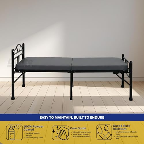 Image of DELITE KOM Lyra Foldable Metal Single Bed (6.7x3ft) with Mattress | No Install | 1 Year Warranty | Strong Metal Single Bed, 204.5 cm x 92 cm (6.71 ft x 3.02 ft) (Finish Color - Black