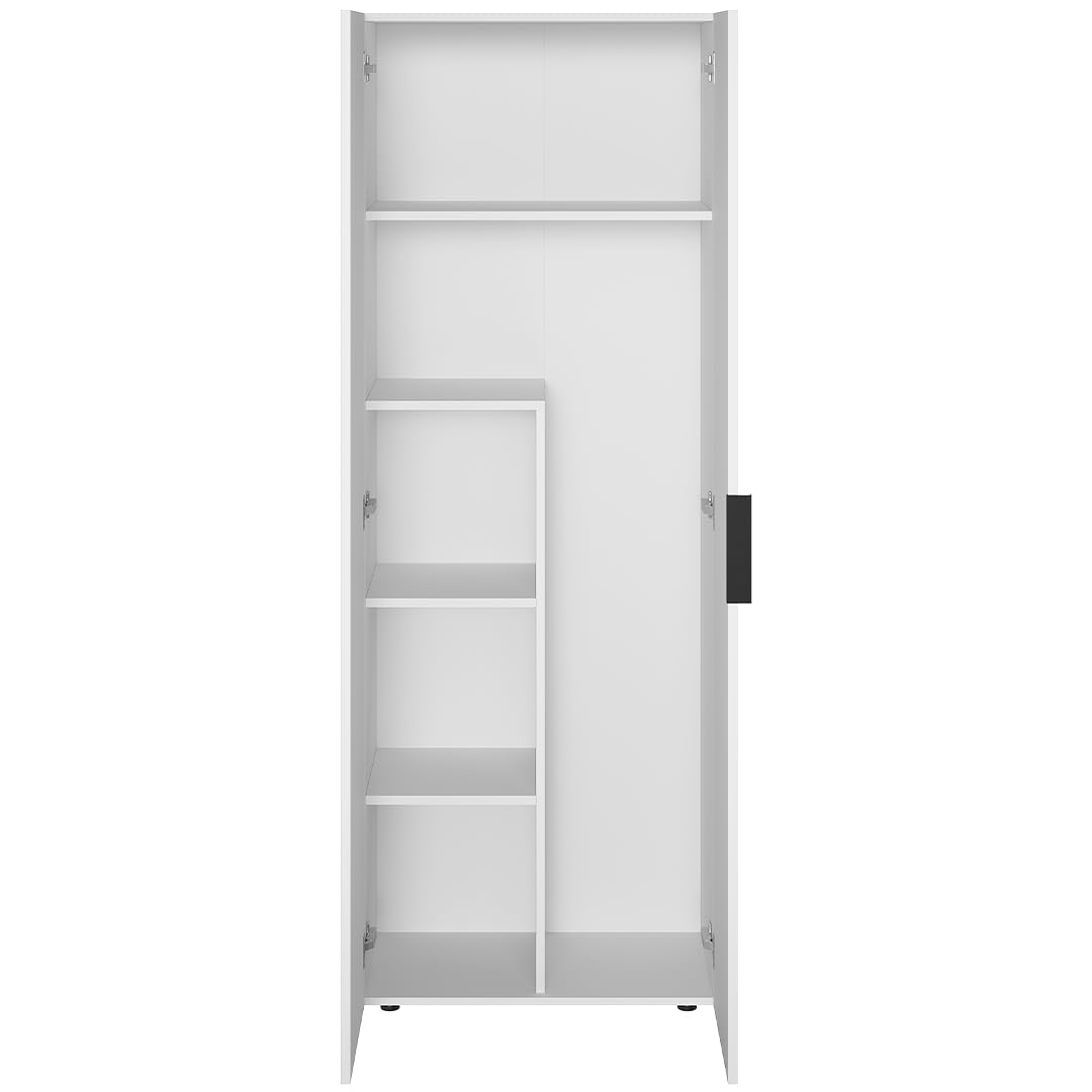 Bellamio Lurio Mehrzweckschrank – weißer Besenschrank aus Holz mit schwarzem Griff – Flurschrank mit 5 Fächern inkl. Staubsaugerfach – Haushaltsschrank – Vorratsschrank – Putzschrank 176 x 33 x 60  cm