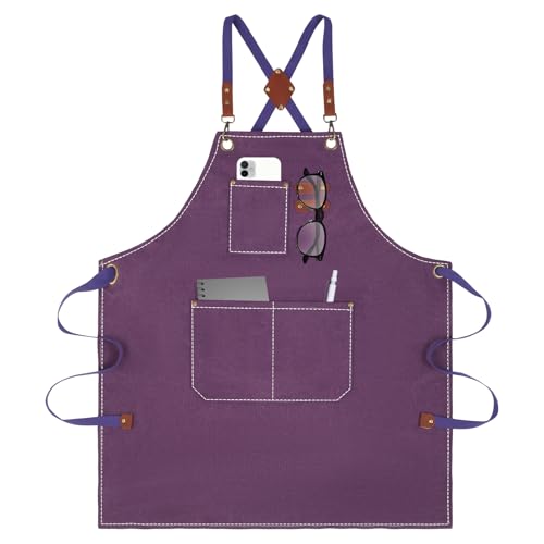 YELEGAI Aprons For Women Men With Large Pockets, Waterproof Cotton Chef Aprons For Cooking Server Grilling Bbq Kitchen Gardening (1, Purple)