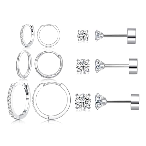 6 Pairs Sterling Silver Earrings Sets for Multiple Piercing Small Silver Huggie Hoop Flat Back Surgical Steel Tiny CZ Stud Earrings for Women Trendy Cartilage Hypoallergenic