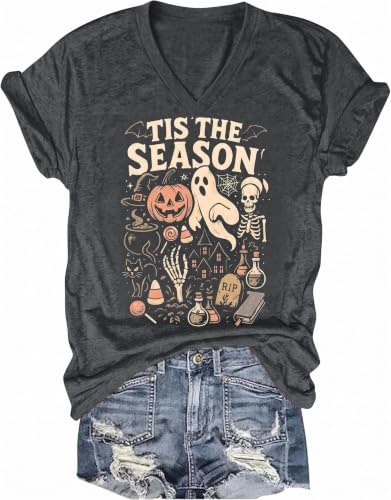 Women's V-Neck Graphic T-Shirts Boho Floral Short Sleeve Watercolor Print Tee Cute Vintage Summer Casual Tops (Medium,Dark Gray-3)