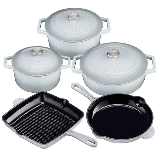 Cooks Professional 5 Piece Cast Iron Casserole Dishes, Frying Pan & Skillet Set | Heavy-Duty Cookware Pans with Enamel Interior | Oven Safe to 260°C, Induction & All Hob Compatible | Grey — image 1