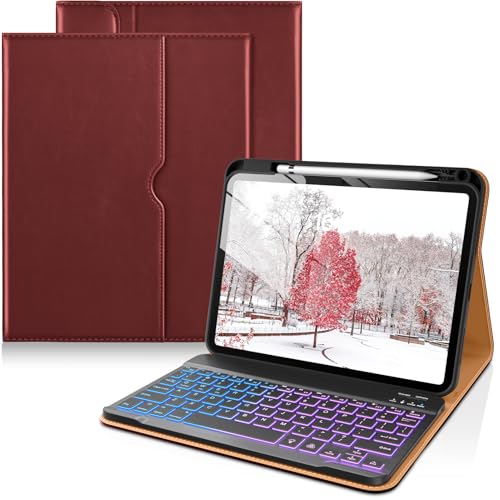 Image of DTTO for iPad 11th (A16) / 10th Generation Case with Keyboard (2025 /2022), 7 Colors Backlit Wireless Detachable Keyboard Leather Folio Cover with Pencil Holder & Pocket, Burgundy Red