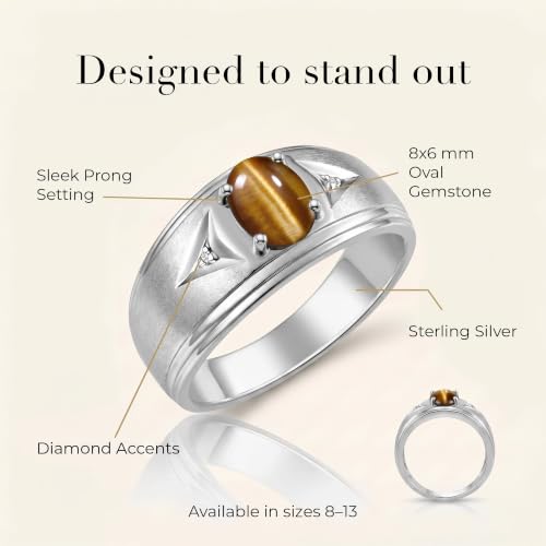 Image of Rylos Men's Rings Classic Design 8X6MM Oval Gemstone & Sparkling Diamond Ring - Color Stone Birthstone Rings for Men, Sterling Silver Rings in Sizes 8-13. Elevate Your Style with Timeless Elegance!