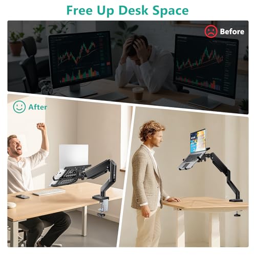 Image of WALI Single Arm Laptop and Monitor Desk Mount for 17 inch Notebook and Up to 32 inch Screen, 2-in-1 Adjustable Monitor Arm with Laptop Tray, VESA 75x75 100x100, Holds 10-12 kg, Black (GSMP001NLP)