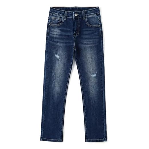 Jeans masculino KIDSCOOL SPACE, faixa elástica infantil grande por dentro Calça jeans justa rasgada, azul escuro, 11 a 12 anos