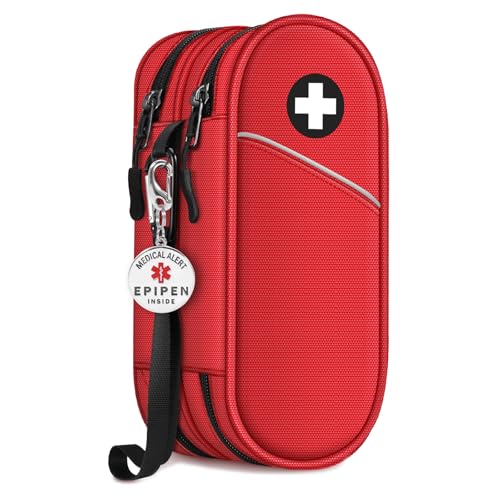 SITHON Dwuwarstwowa torba do przenoszenia epipen z medycznym znacznikiem ostrzegawczym, podróżna torba na leki pomieści 2 epipeny, inhalator astmy, antyhistaminowy, auvi-Q, niezbędne leki alergiczne