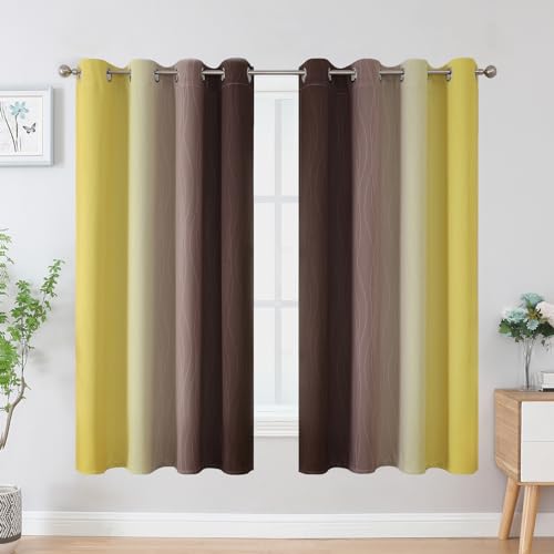 Estelar Textiler Brown and Yellow Blackout Curtains for Kids Room, Full Room Darkening Grommet Ombre Curtains for Bedroom, Thermal Insulated Light Blocking Gradient Drapes, 52Wx63L, 2 Panels