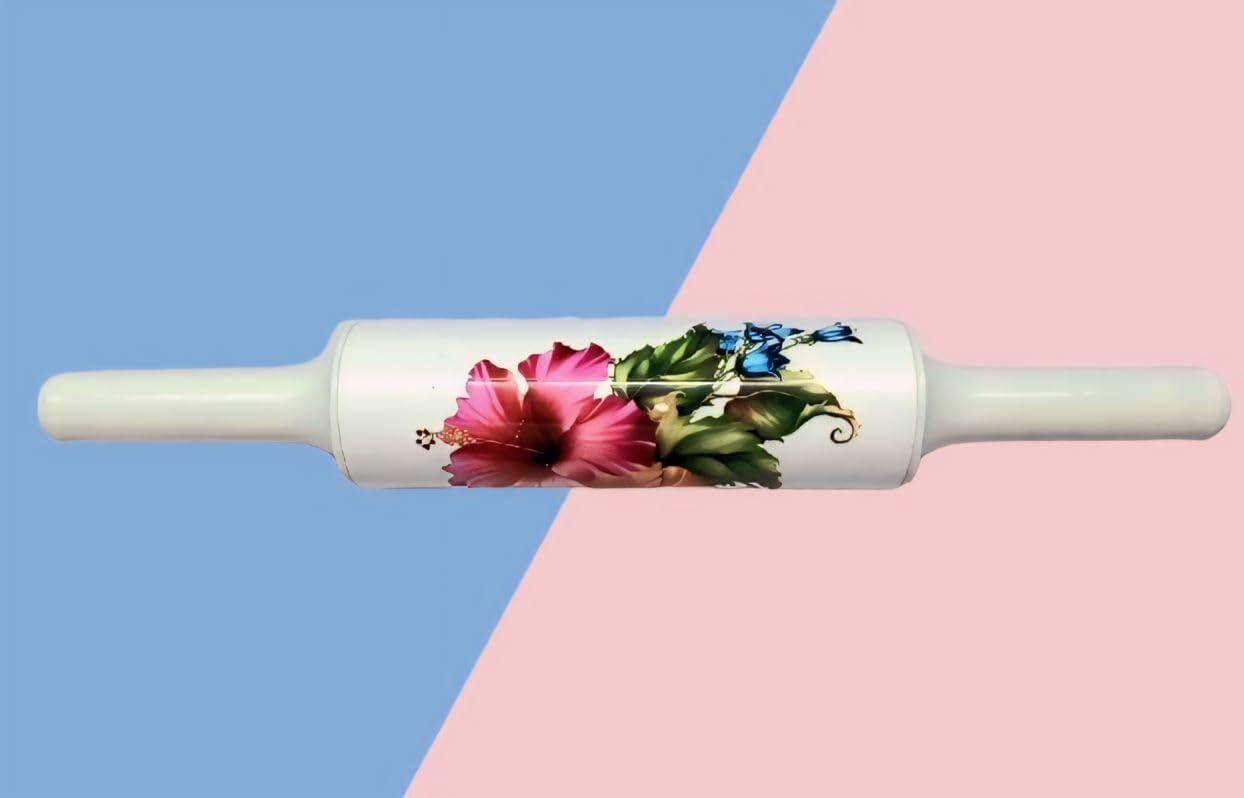 Samyuktha Marble Roti Maker with Wooden Belan Enamel Print/White Marble Chakla 10 Inch Diameter with Belan (Printed Enamel Chakla Belan) (Flowers)