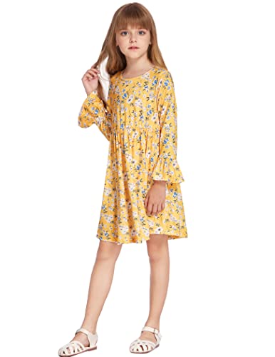 Arshiner Kid Floral Long Sleeve Girls Dresses Autumn Girl Clothes Yellow For 12-13 Years #TOP7