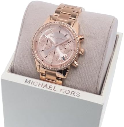 Michael Kors Zegarek damski RITZ, rozmiar koperty 37 mm, mechanizm chronografu kwarcowego, pasek ze stali nierdzewnej, Beżowy z brokatem, One Size, bransoletka