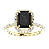 Halo 1 CT Emerald Black Diamond Engagement Ring 10K Yellow Gold, Halo Black Onyx Emerald Shape Ring, Halo Emerald Black Ring (5)