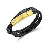 Police Pulsera trenzada de cuero negro trenzado plano chapado en oro para hombre – PEAGB0037401