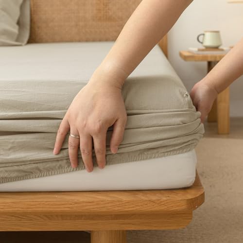 BESTOUCH Queen Fitted Bottom SheetBreathable 100% Washed Cotton Linen-Like